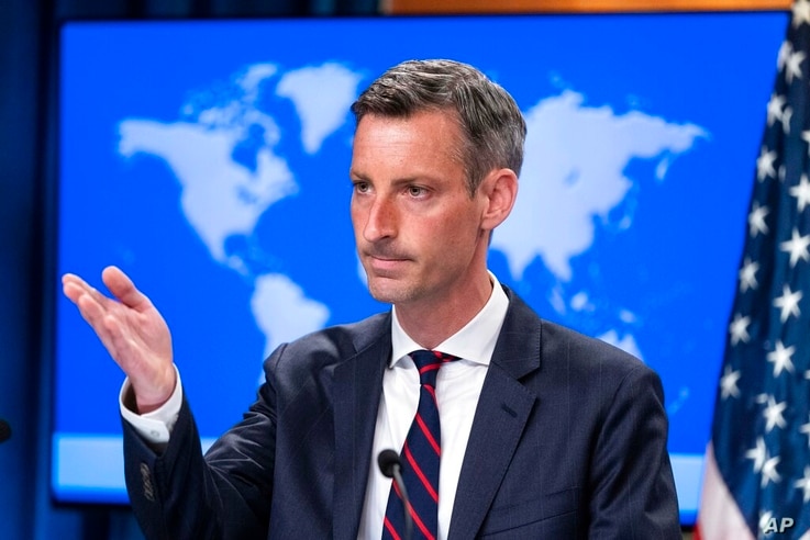 State Department spokesperson Ned Price pauses while speaking during a media briefing at the State Department, Wednesday, July…